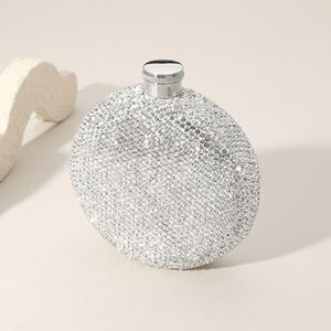 Clear Silver 5oz Round Sparkling Rhinestone Crystal Flask Bling